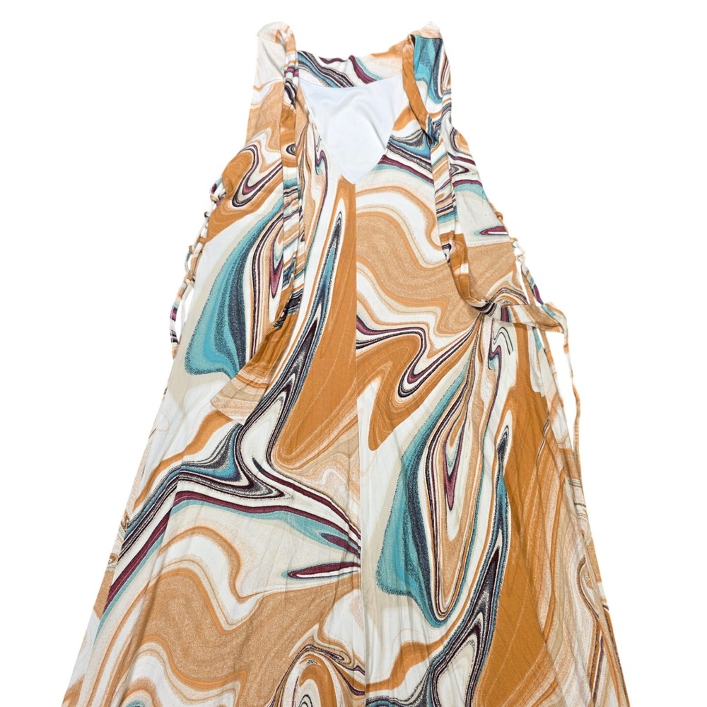 Cato Maxi Dress Women's Size S Tan Teal Swirl Marble Print Halter Lace Up Side
